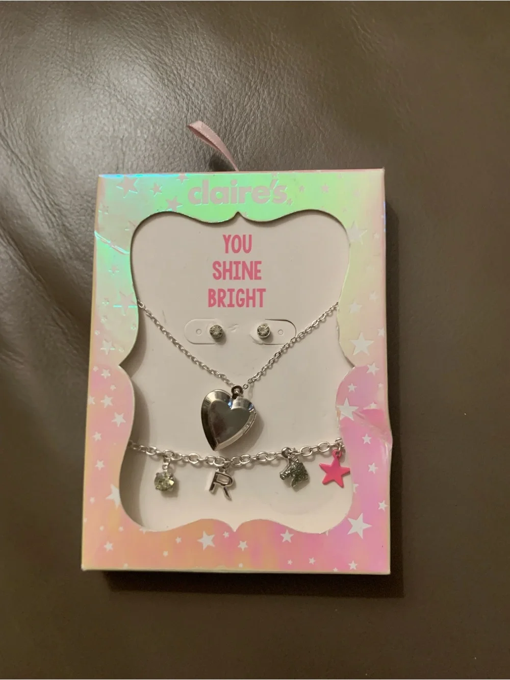 Claire's Silver Locket Heart 🤍 Initial “R” Charm Jewelry Set of 3 -